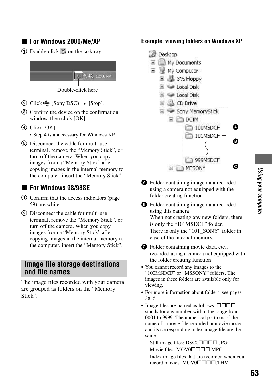 Image file storage destinations and file names, Xfor windows 2000/me/xp, Xfor windows 98/98se | Sony DSC-S90 User Manual | Page 63 / 103