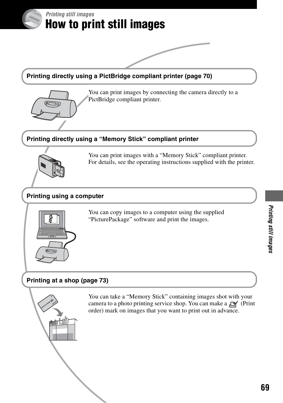 Printing still images, How to print still images | Sony DSC-S90 User Manual | Page 69 / 103