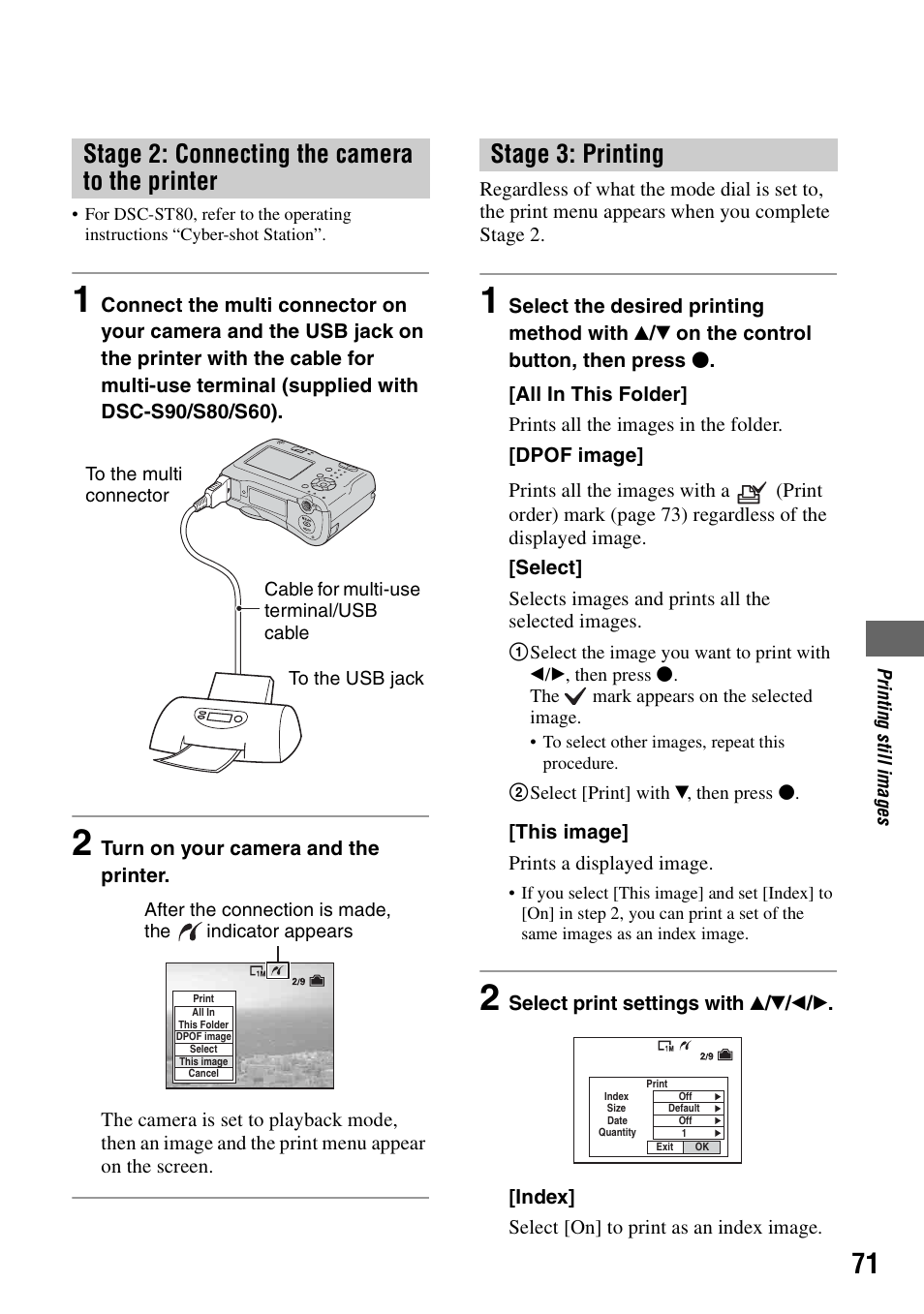 Ng (71), Stage 2: connecting the camera to the printer, Stage 3: printing | Sony DSC-S90 User Manual | Page 71 / 103