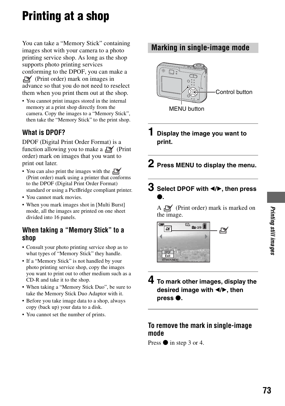 Printing at a shop, Marking in single-image mode | Sony DSC-S90 User Manual | Page 73 / 103