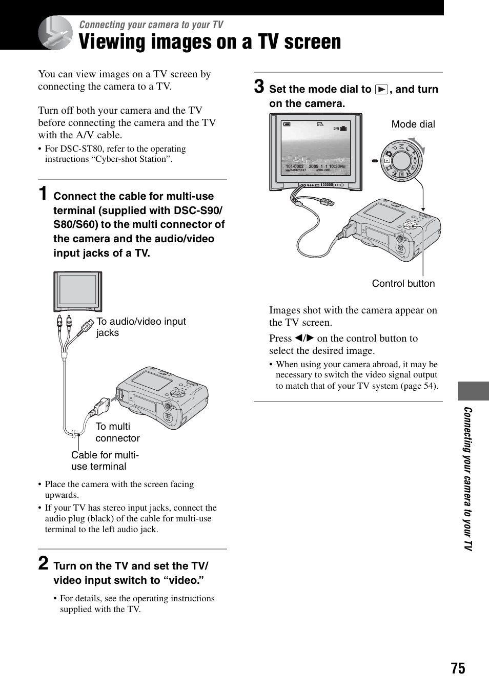 Connecting your camera to your tv, Viewing images on a tv screen | Sony DSC-S90 User Manual | Page 75 / 103