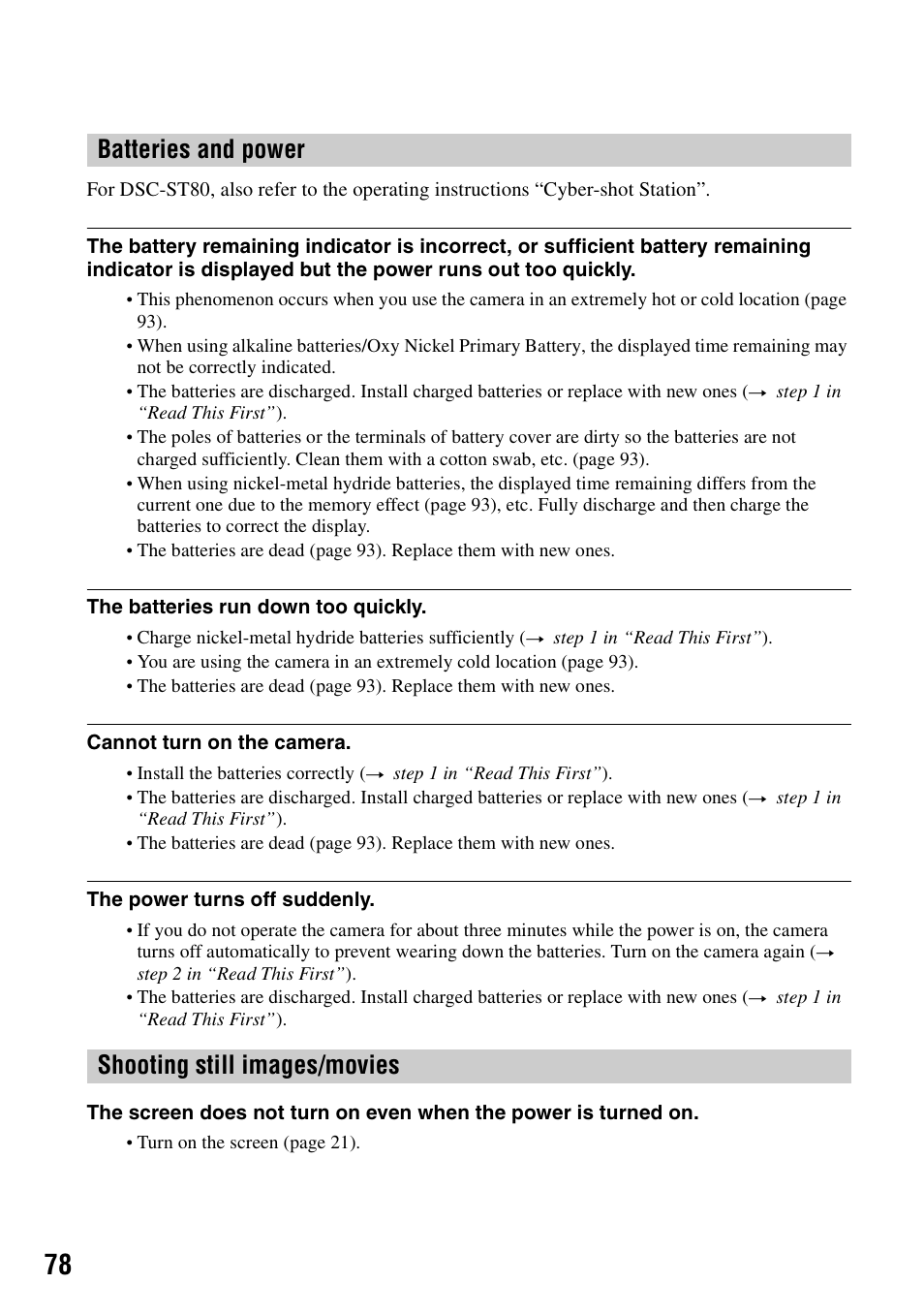 Batteries and power shooting still images/movies | Sony DSC-S90 User Manual | Page 78 / 103