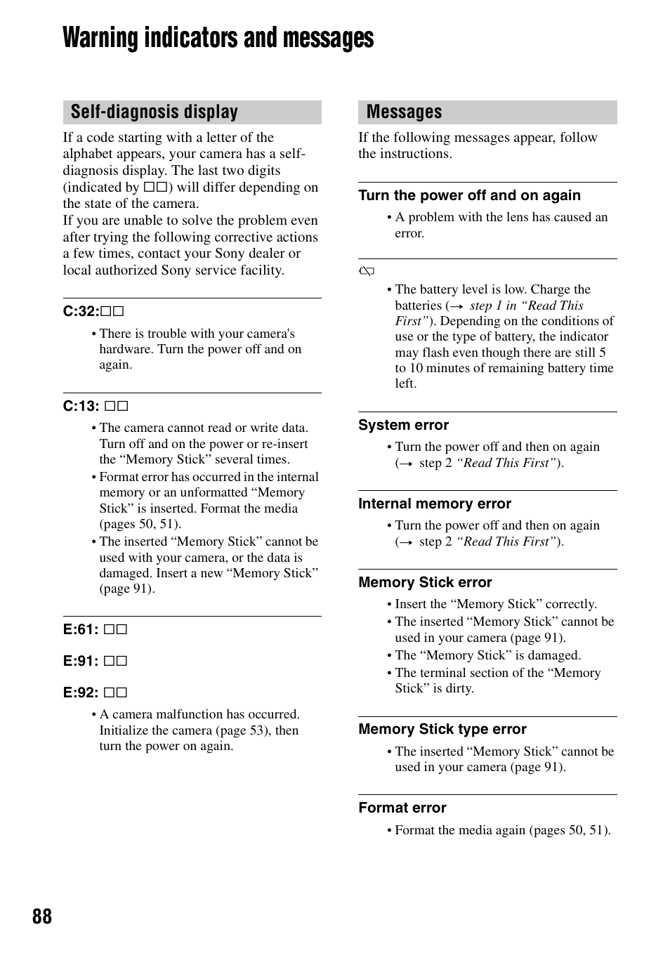 Warning indicators and messages, Y (88), Self-diagnosis display messages | Sony DSC-S90 User Manual | Page 88 / 103