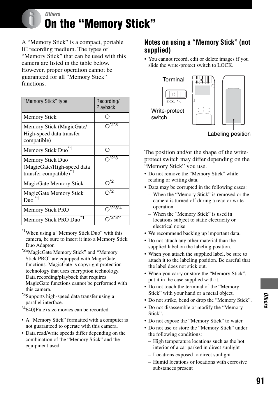 Others, On the “memory stick | Sony DSC-S90 User Manual | Page 91 / 103