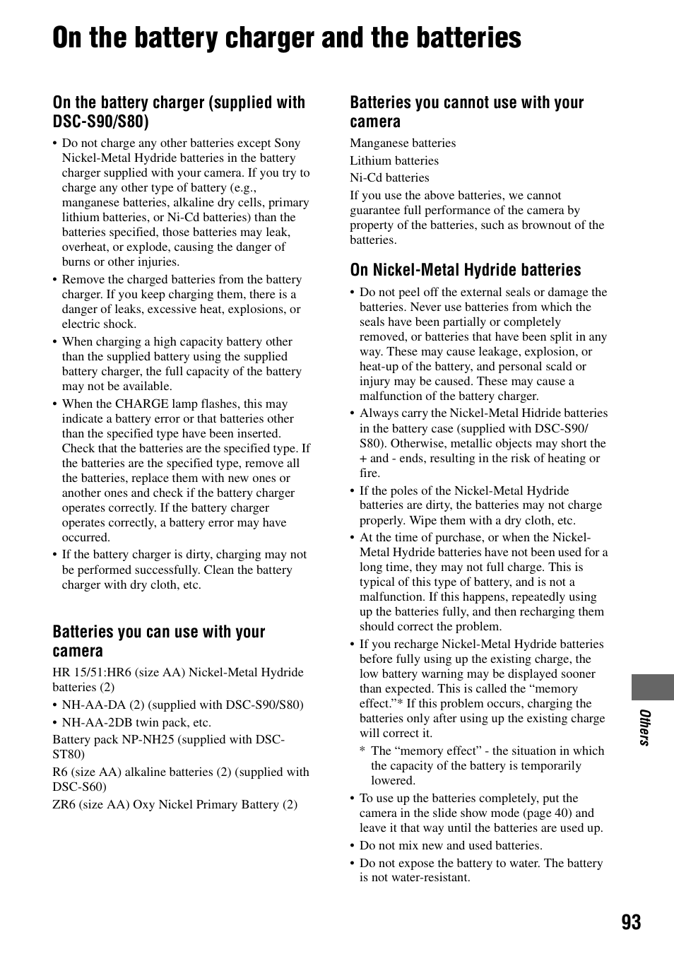 On the battery charger and the batteries, On the battery charger (supplied with dsc-s90/s80), Batteries you can use with your camera | Batteries you cannot use with your camera, On nickel-metal hydride batteries | Sony DSC-S90 User Manual | Page 93 / 103