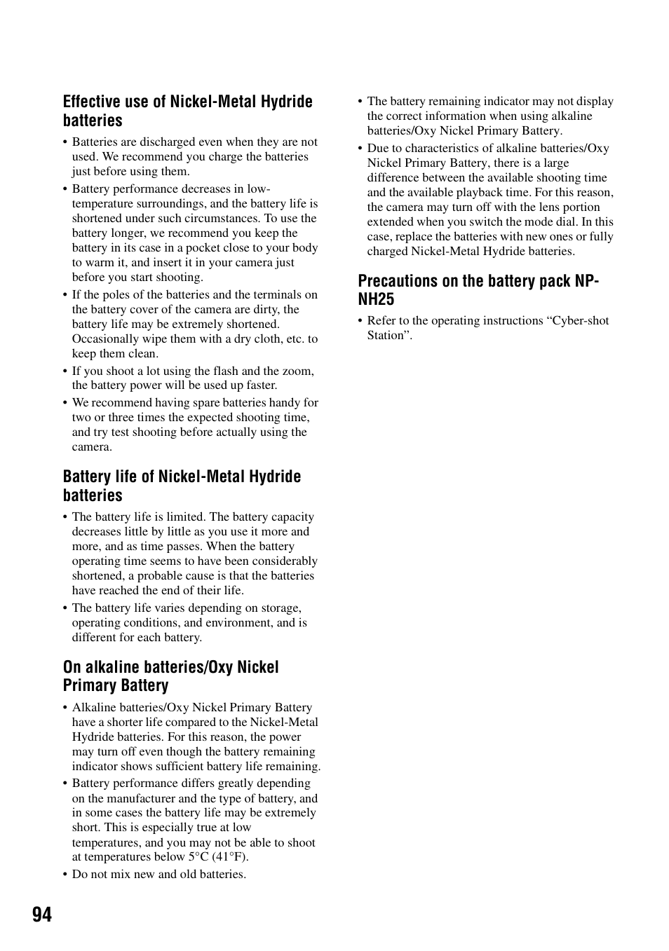 Effective use of nickel-metal hydride batteries, Battery life of nickel-metal hydride batteries, On alkaline batteries/oxy nickel primary battery | Precautions on the battery pack np- nh25 | Sony DSC-S90 User Manual | Page 94 / 103