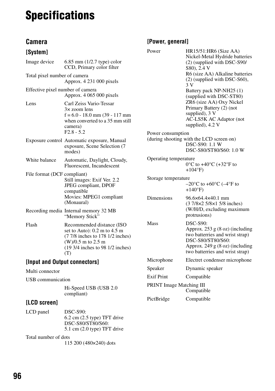 Specifications, Camera | Sony DSC-S90 User Manual | Page 96 / 103