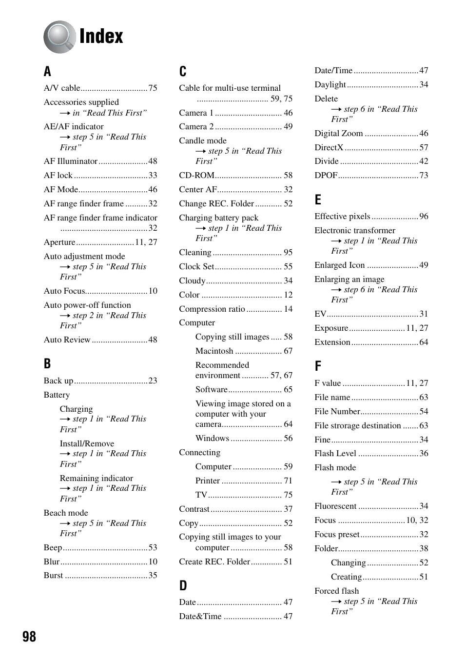 Index | Sony DSC-S90 User Manual | Page 98 / 103