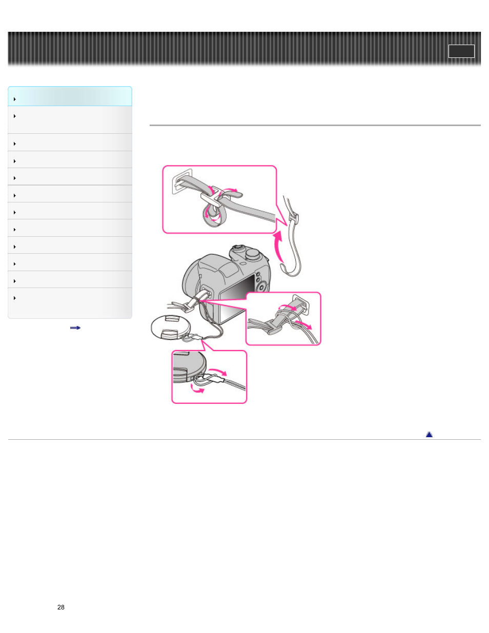 Using the shoulder strap, Cyber-shot user guide | Sony DSC-H300 User Manual | Page 33 / 180