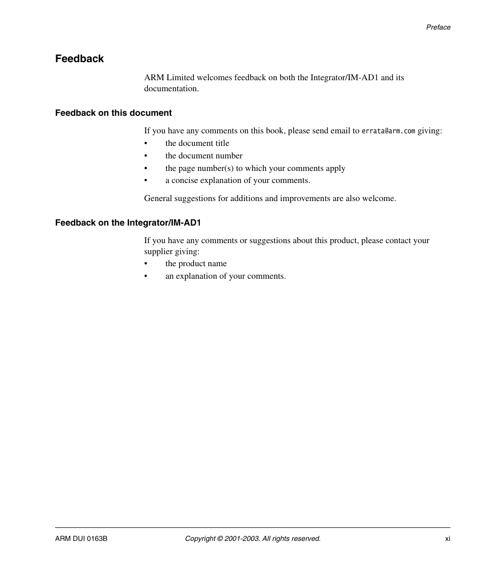 Feedback, Feedback on this document, Feedback on the integrator/im-ad1 | ARM IM-AD1 User Manual | Page 11 / 92