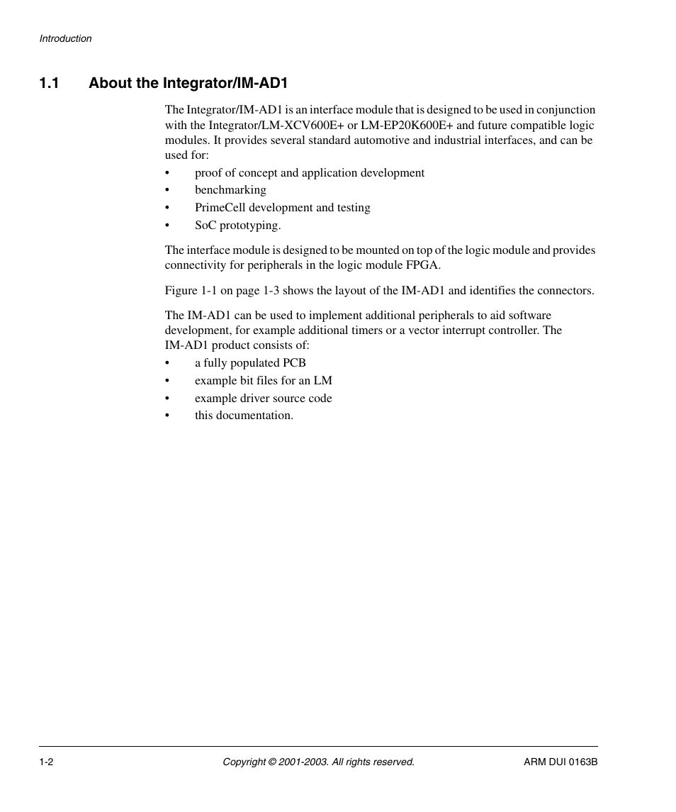 1 about the integrator/im-ad1, About the integrator/im-ad1 -2 | ARM IM-AD1 User Manual | Page 14 / 92