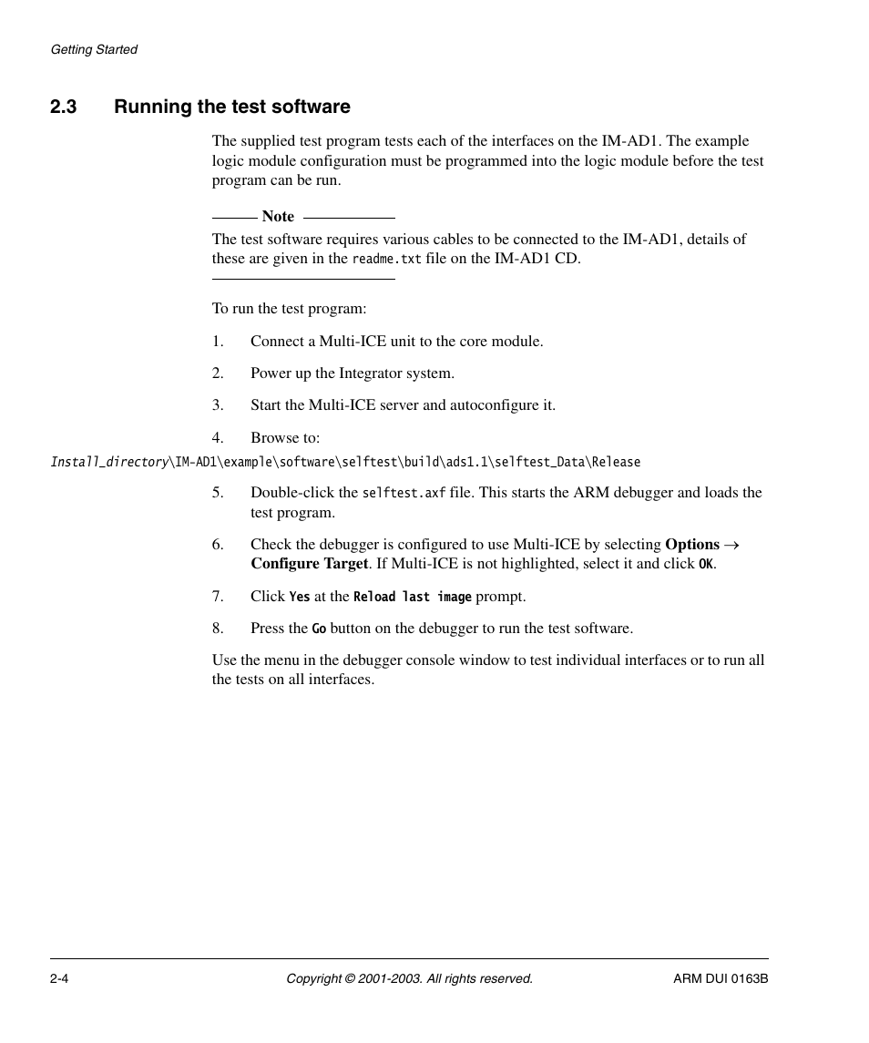 3 running the test software, Running the test software -4 | ARM IM-AD1 User Manual | Page 24 / 92