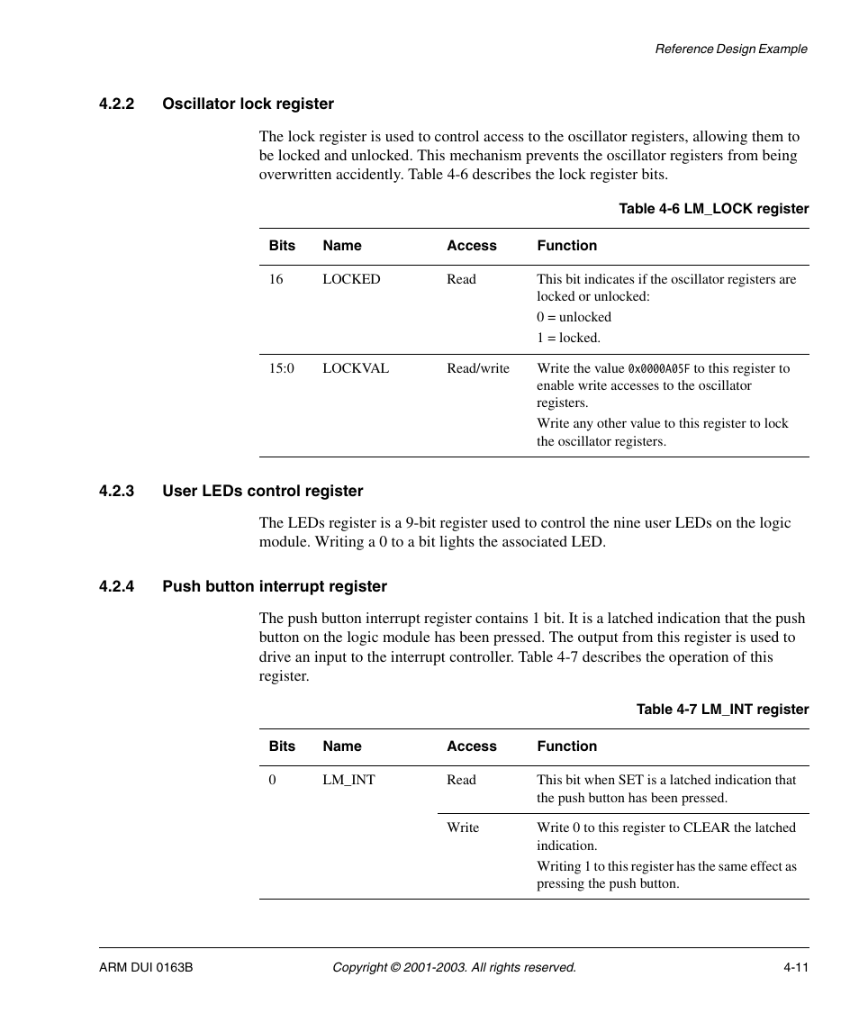 2 oscillator lock register, 3 user leds control register, 4 push button interrupt register | ARM IM-AD1 User Manual | Page 57 / 92