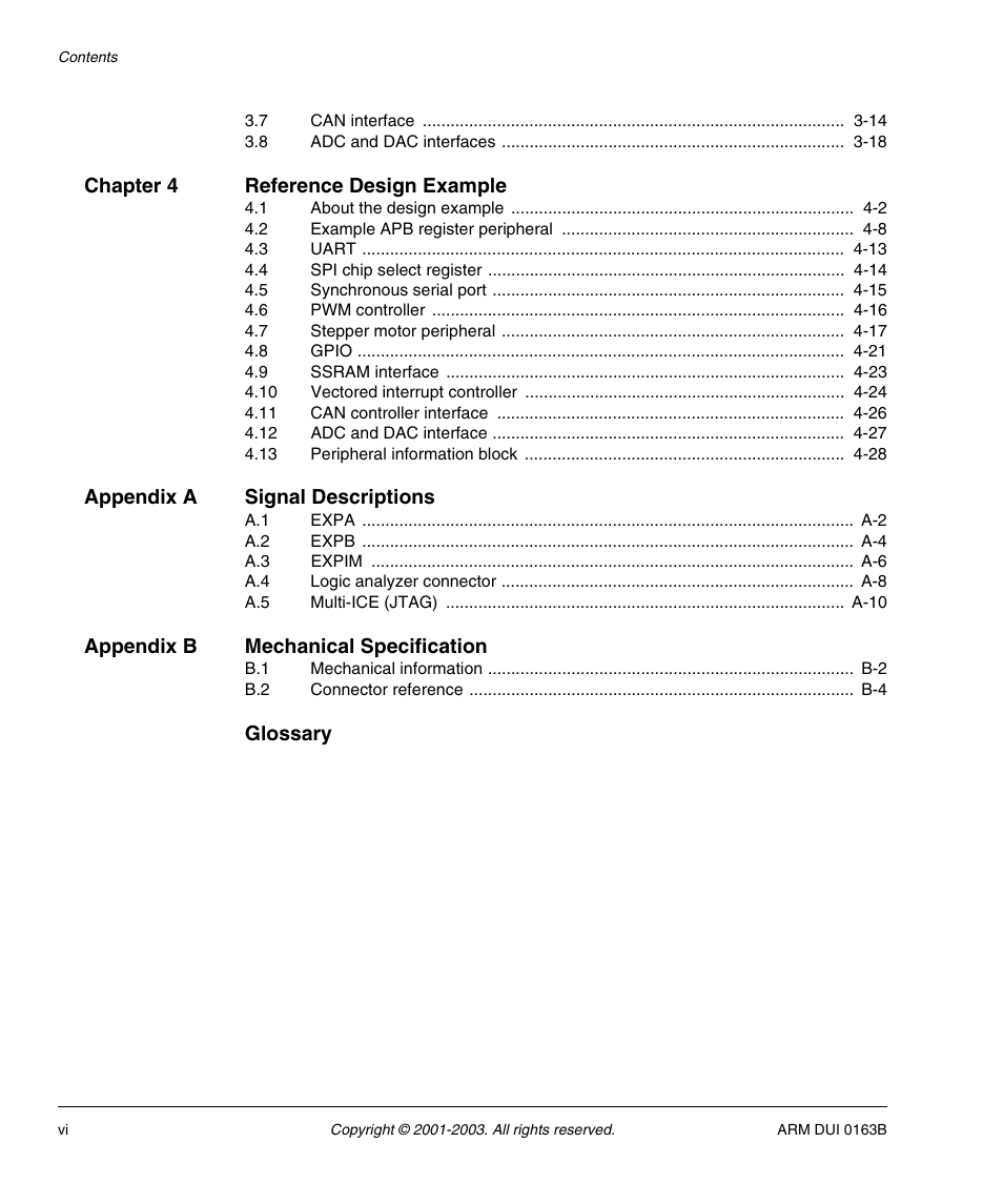 Chapter 4 reference design example, Appendix a signal descriptions, Appendix b mechanical specification | Glossary | ARM IM-AD1 User Manual | Page 6 / 92