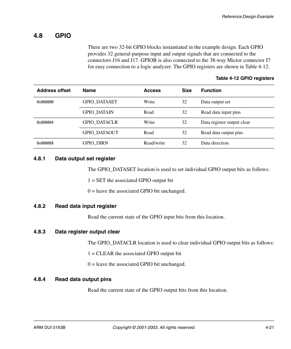 8 gpio, 1 data output set register, 2 read data input register | 3 data register output clear, 4 read data output pins, Gpio -21 | ARM IM-AD1 User Manual | Page 67 / 92