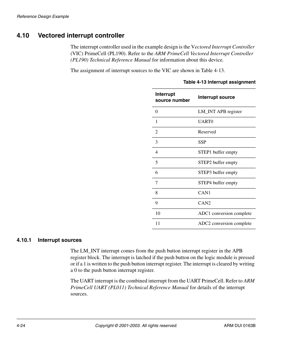 10 vectored interrupt controller, 1 interrupt sources, Vectored interrupt controller -24 | ARM IM-AD1 User Manual | Page 70 / 92