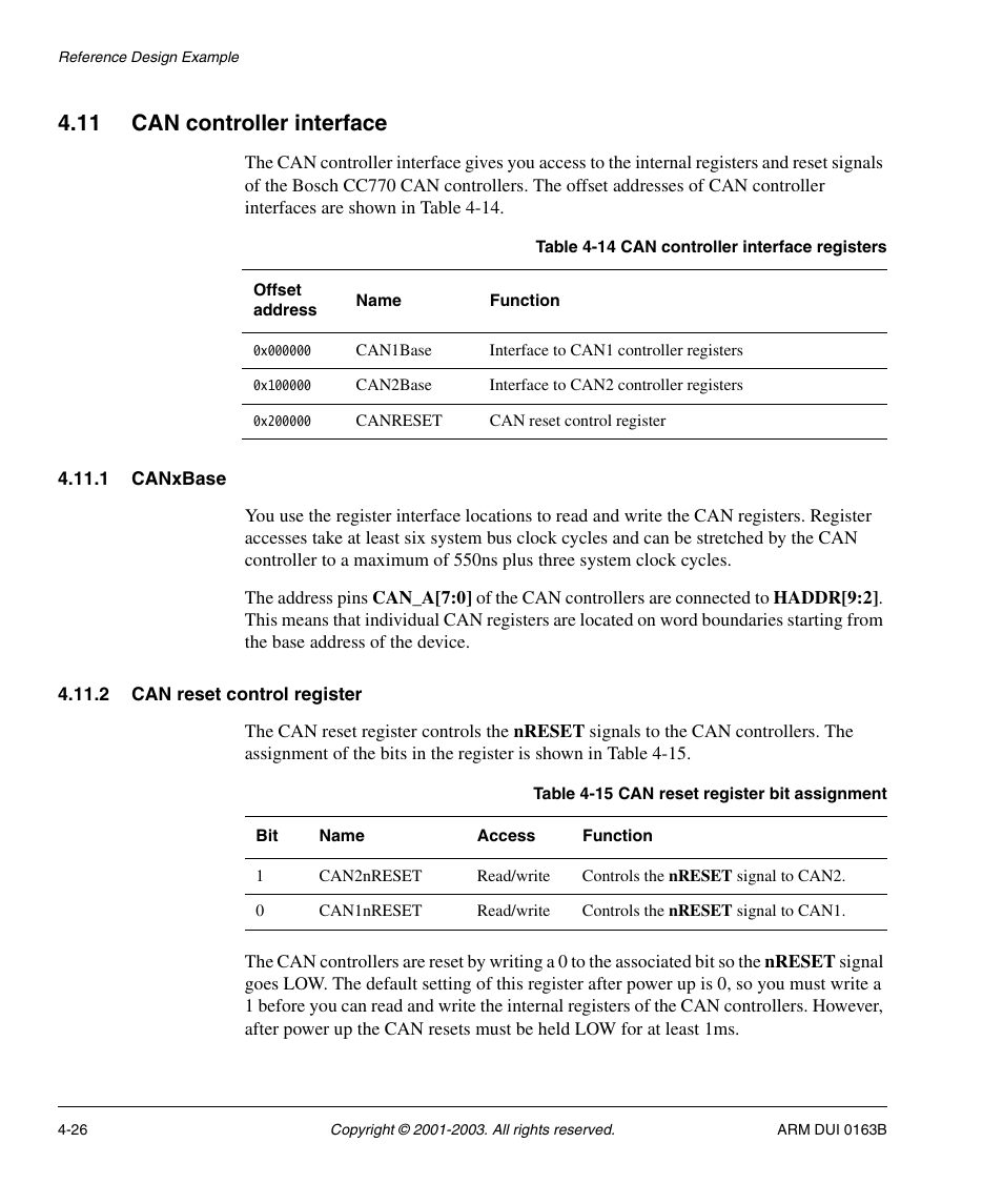 11 can controller interface, 1 canxbase, 2 can reset control register | Can controller interface -26 | ARM IM-AD1 User Manual | Page 72 / 92