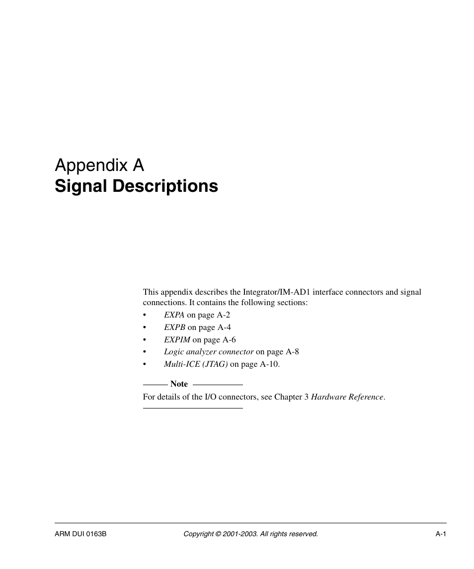 Signal descriptions, Appendix a, Appendix a signal descriptions | ARM IM-AD1 User Manual | Page 75 / 92