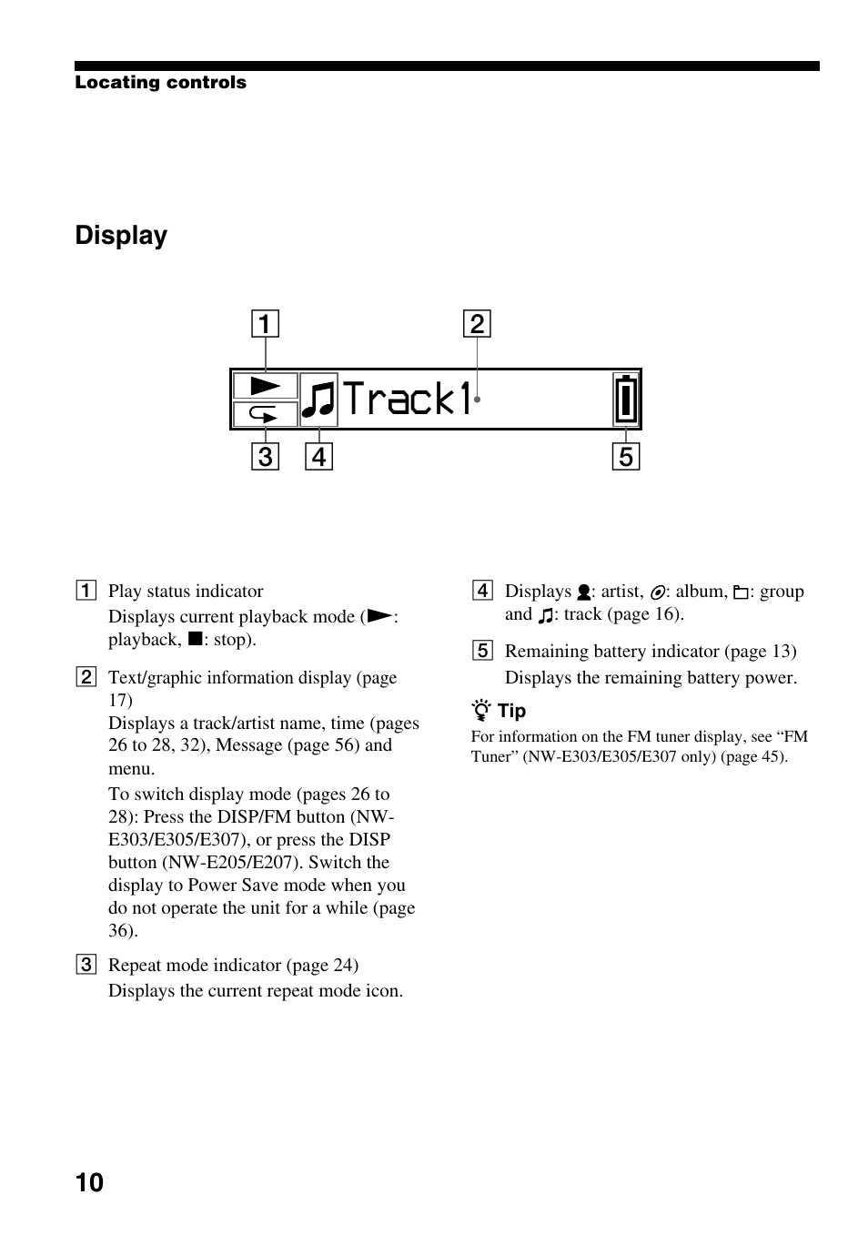 Display, Track1 | Sony NW-E305 User Manual | Page 10 / 65