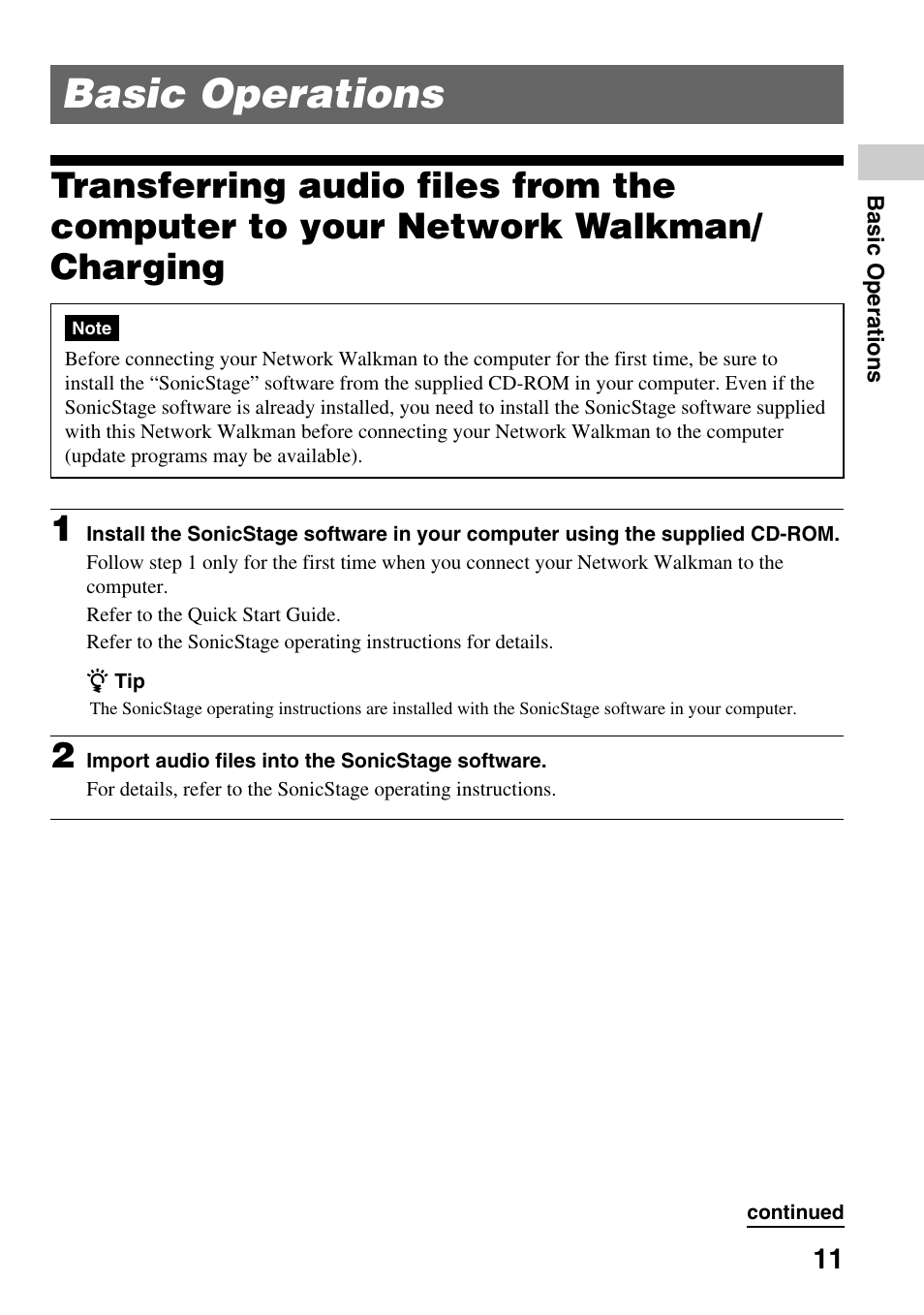 Basic operations, Transferring audio files from, The computer to your network walkman/ charging | Sony NW-E305 User Manual | Page 11 / 65