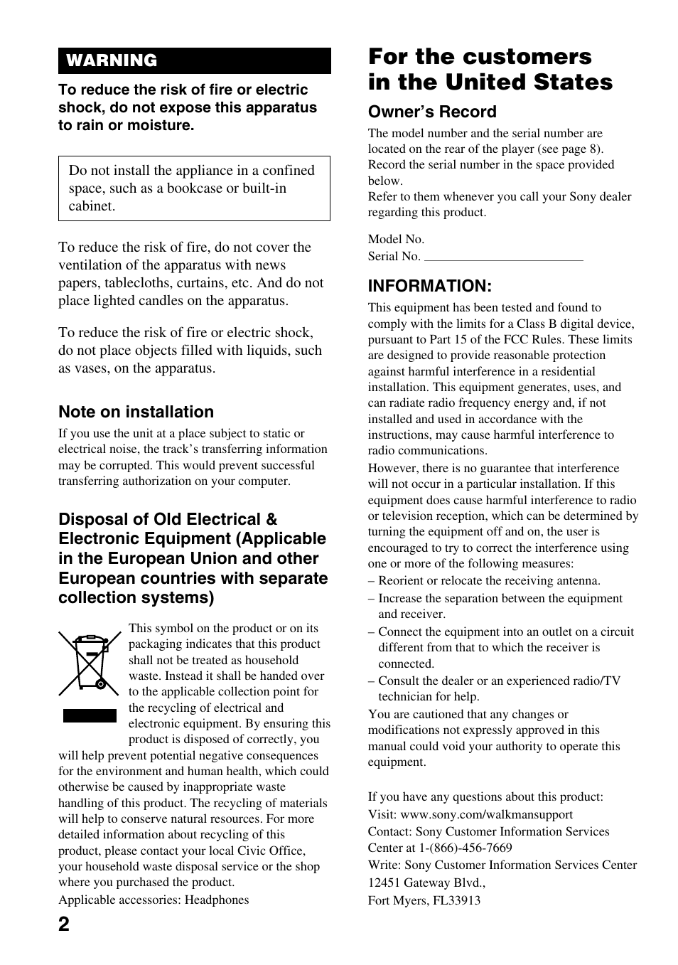 Warning, For the customers in the united states | Sony NW-E305 User Manual | Page 2 / 65