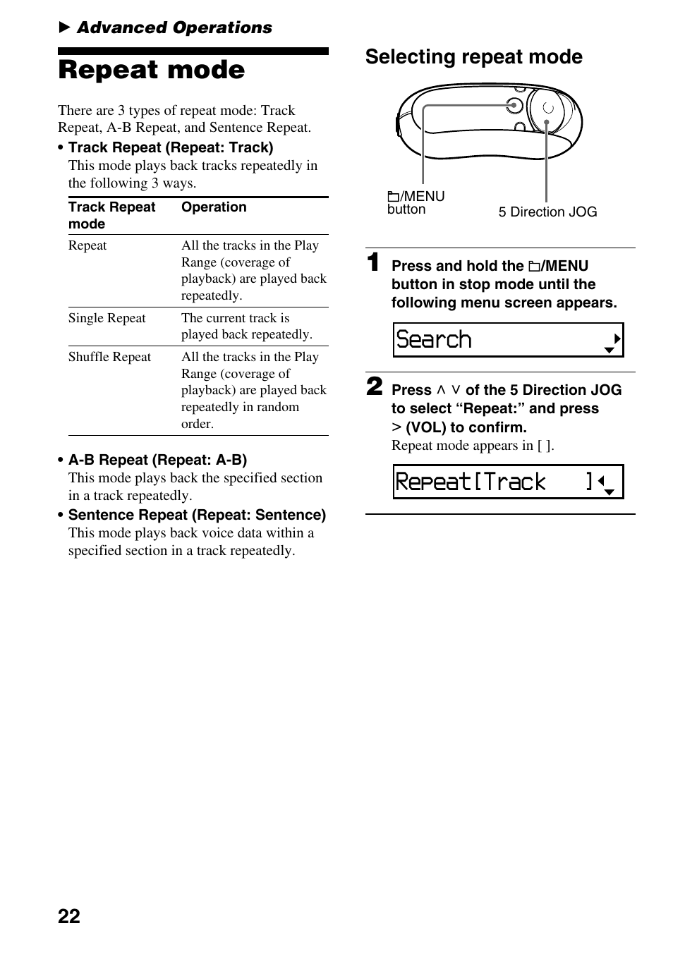 Advanced operations, Repeat mode, Selecting repeat mode | Search, Repeat[track | Sony NW-E305 User Manual | Page 22 / 65