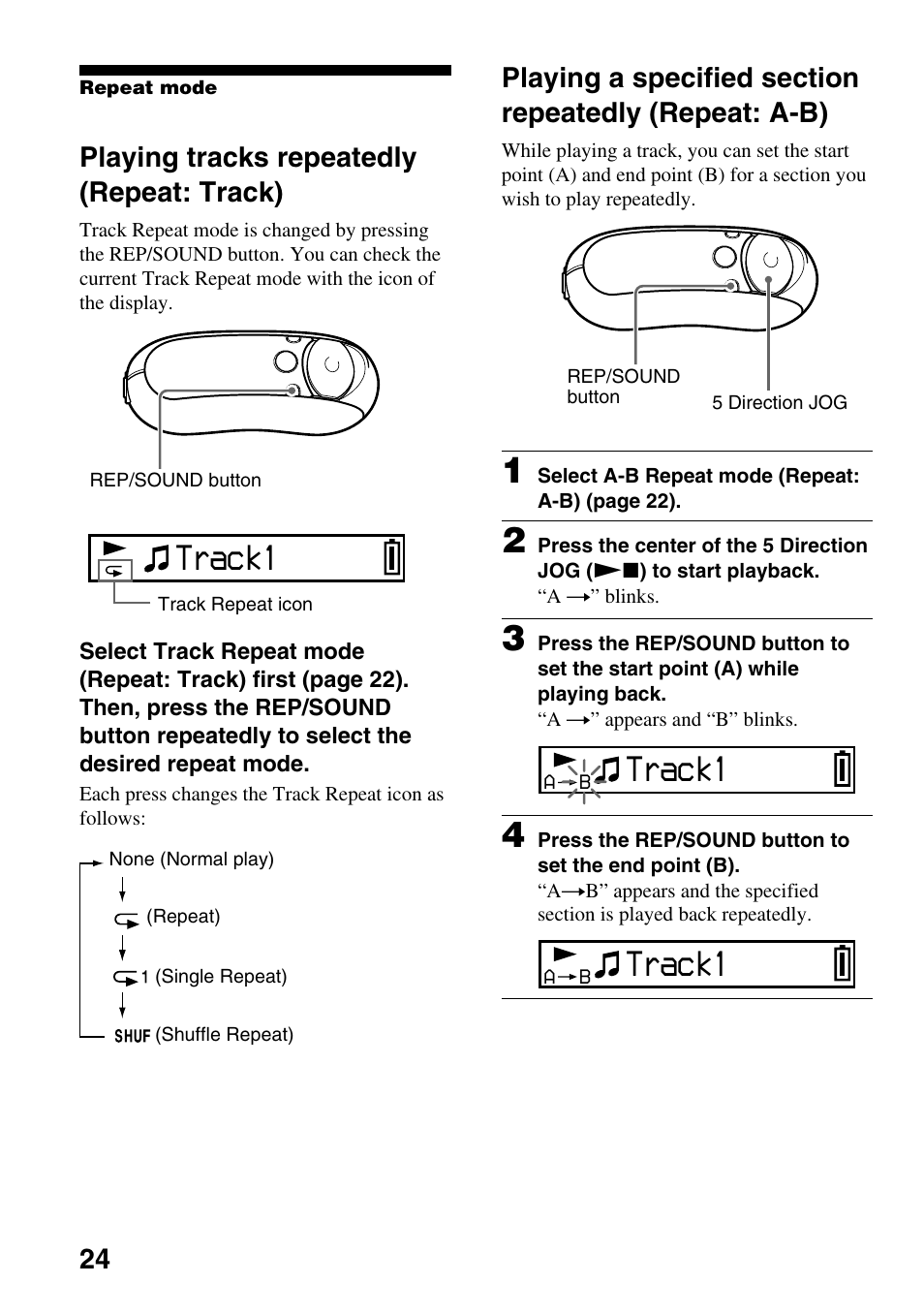 Playing tracks repeatedly (repeat: track), Playing tracks repeatedly, Repeat: track) | Playing a specified section repeatedly, Repeat: a-b), Track1 | Sony NW-E305 User Manual | Page 24 / 65
