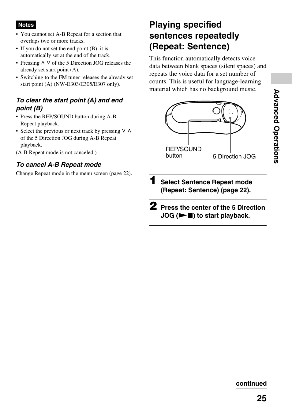 Playing specified sentences, Repeatedly (repeat: sentence) | Sony NW-E305 User Manual | Page 25 / 65