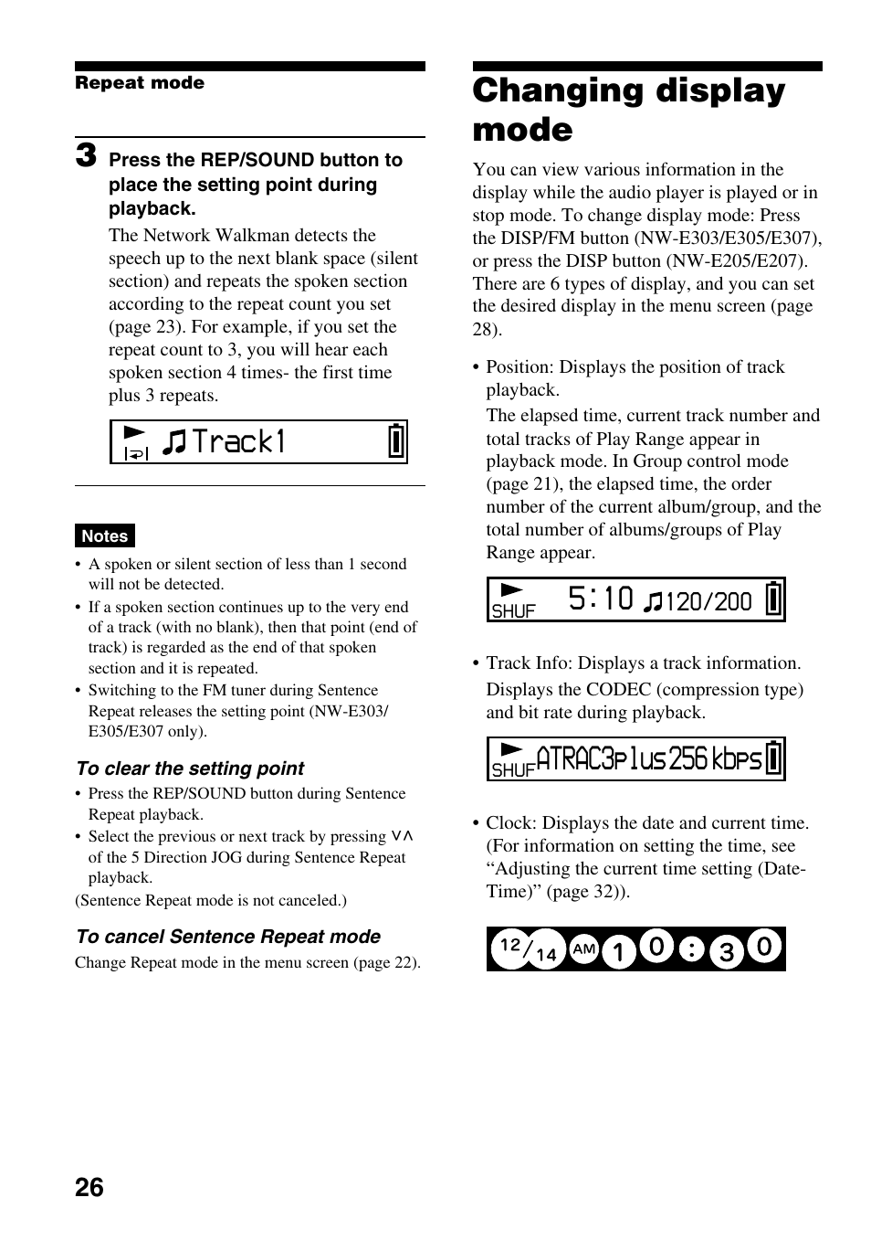 Changing display mode, Atrac3plus 256 kbps, Track1 | Sony NW-E305 User Manual | Page 26 / 65