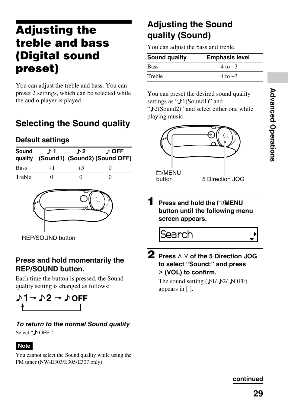 Selecting the sound quality, Adjusting the sound quality (sound), Adjusting the treble and bass | Digital sound preset), Search | Sony NW-E305 User Manual | Page 29 / 65