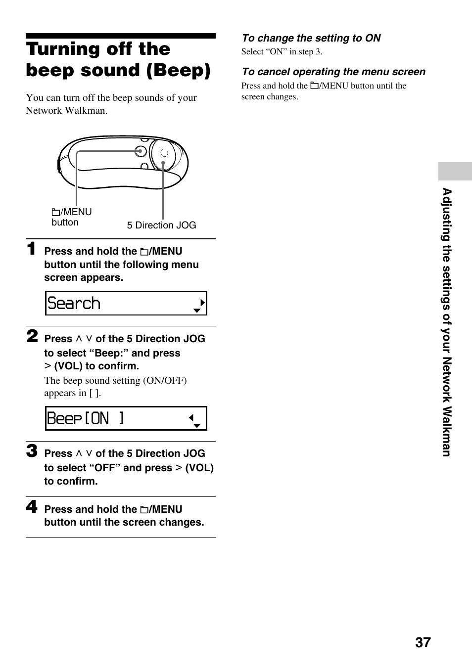 Turning off the beep sound (beep), Search, Beep[on | Sony NW-E305 User Manual | Page 37 / 65