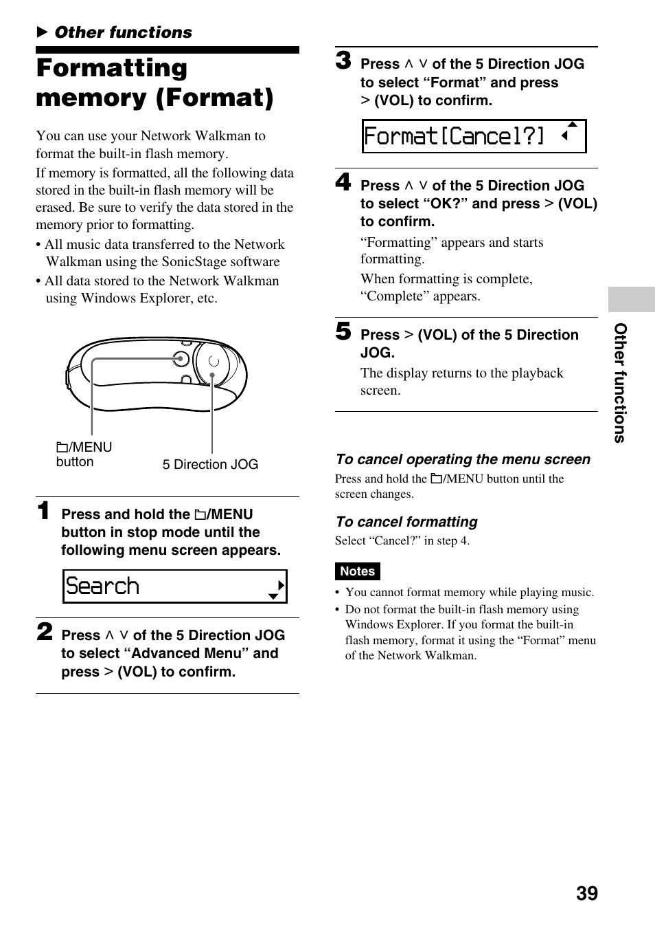 Other functions, Formatting memory (format), Search | Format[cancel | Sony NW-E305 User Manual | Page 39 / 65