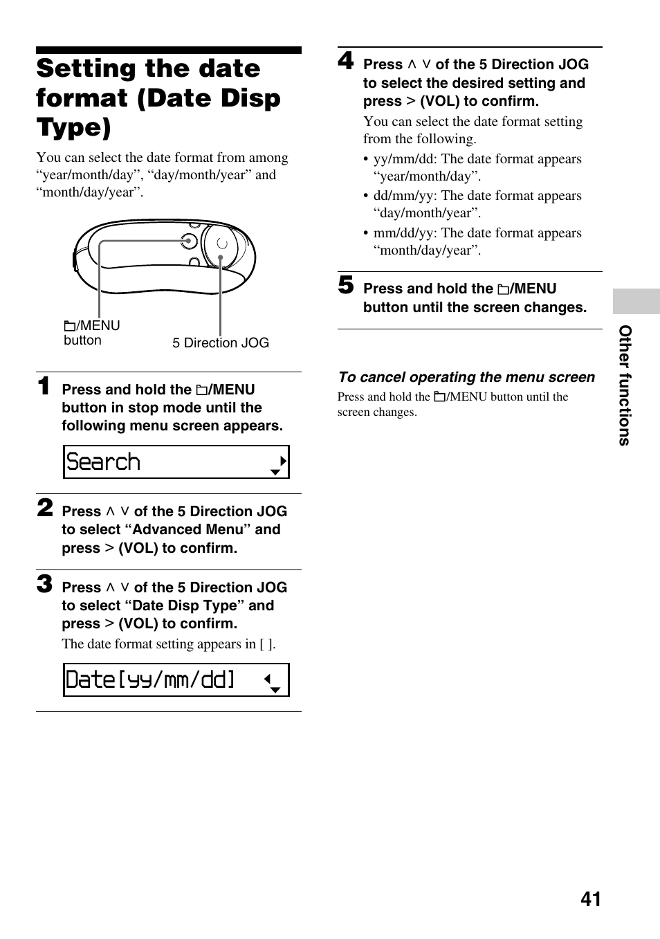 Setting the date format (date disp type), Setting the date format, Date disp type) | Search, Date[yy/mm/dd | Sony NW-E305 User Manual | Page 41 / 65