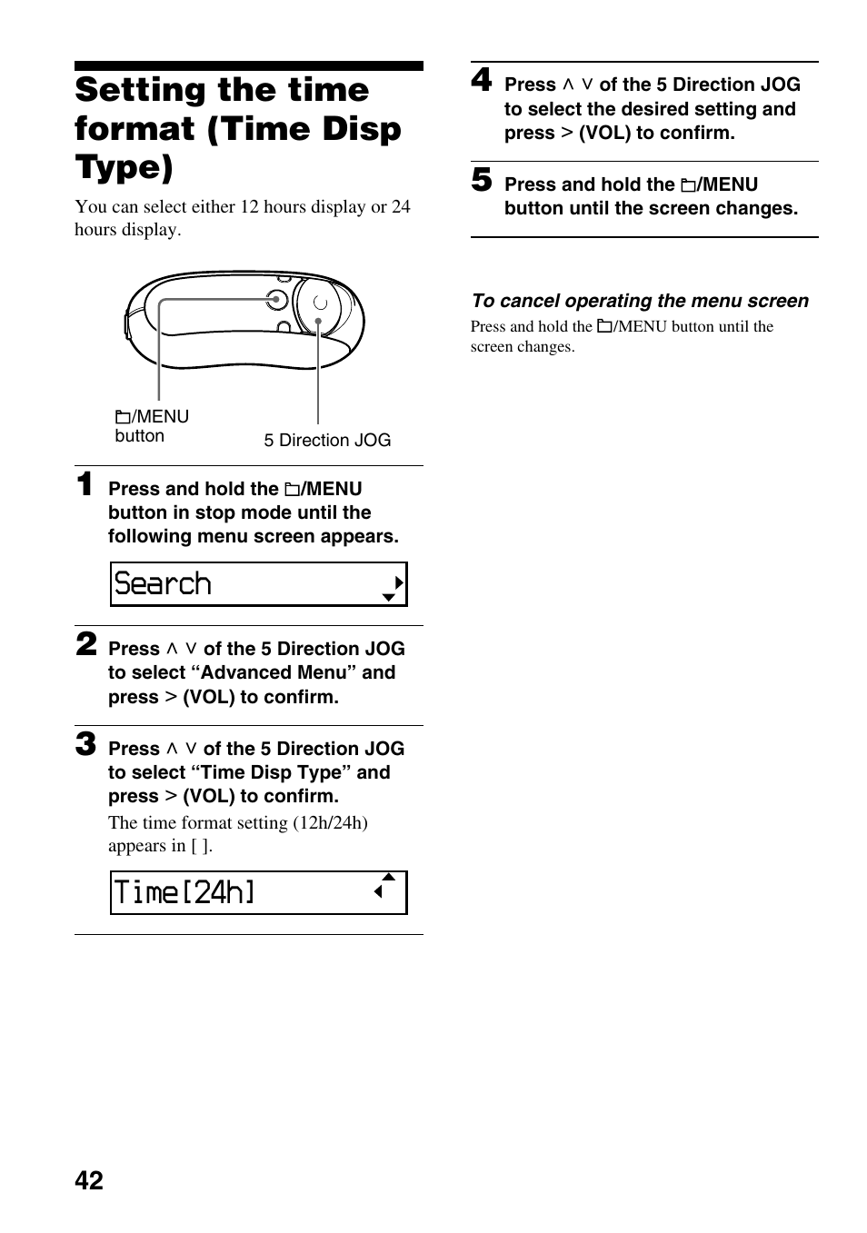 Setting the time format (time disp type), Setting the time format, Time disp type) | Search, Time[24h | Sony NW-E305 User Manual | Page 42 / 65