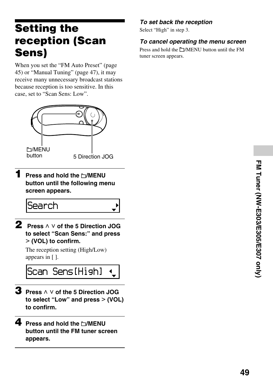 Setting the reception (scan sens), Search, Scan sens[high | Sony NW-E305 User Manual | Page 49 / 65