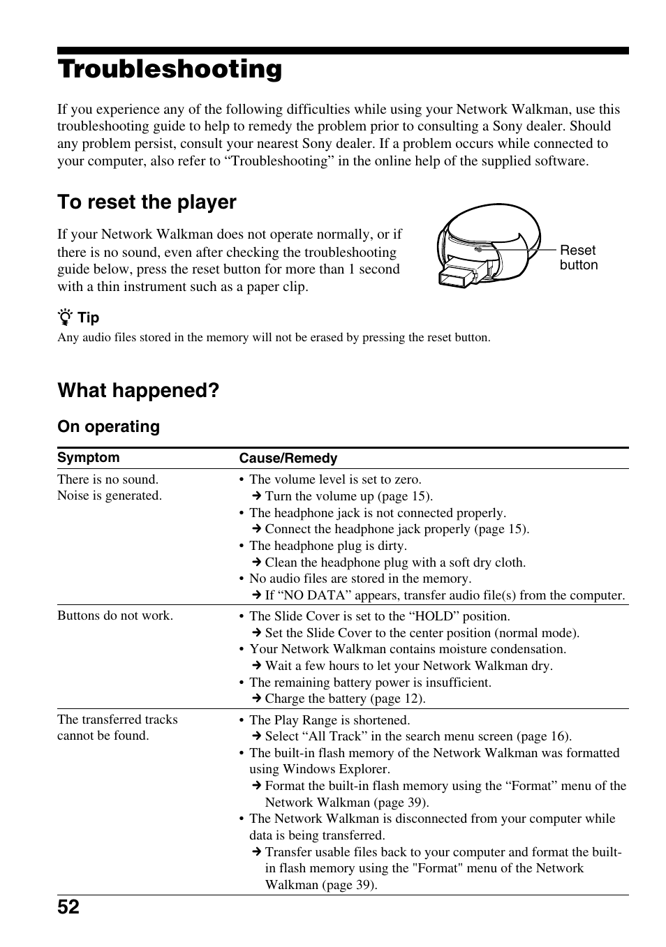 Troubleshooting, To reset the player, What happened | To reset the player what happened | Sony NW-E305 User Manual | Page 52 / 65