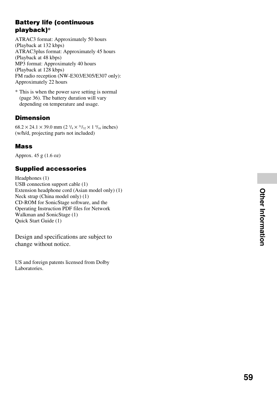 Other information, Battery life (continuous playback), Dimension | Mass, Supplied accessories | Sony NW-E305 User Manual | Page 59 / 65