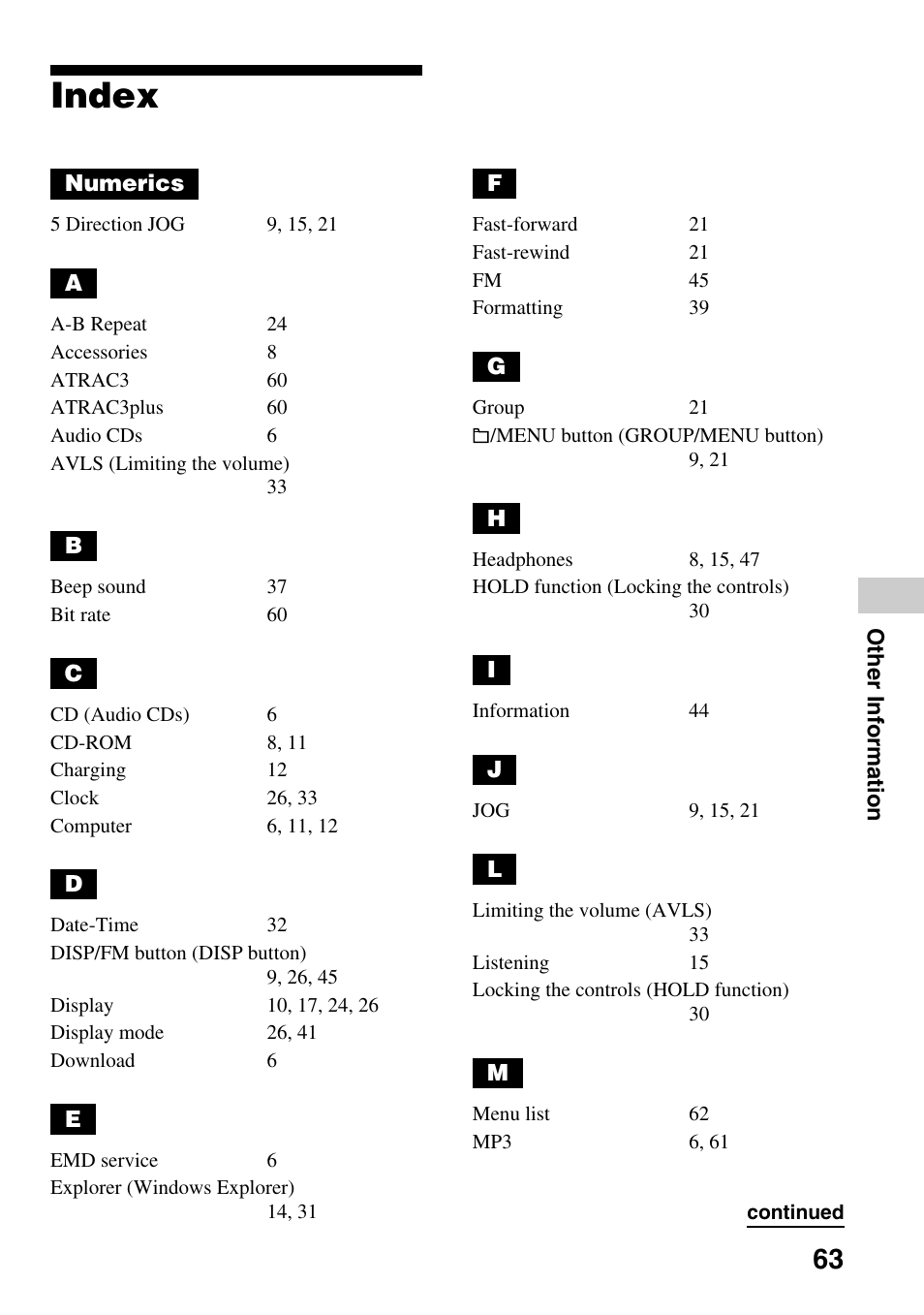 Index | Sony NW-E305 User Manual | Page 63 / 65