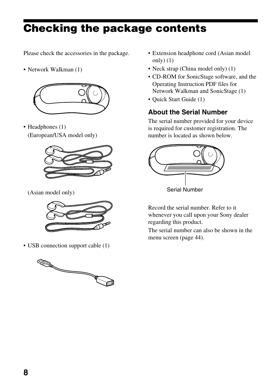 Checking the package contents | Sony NW-E305 User Manual | Page 8 / 65