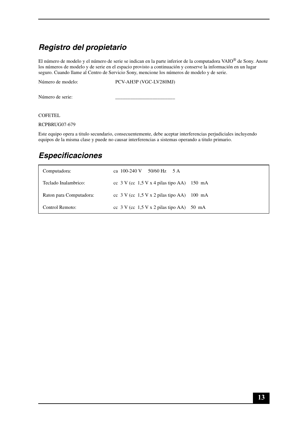 Registro del propietario, Especificaciones | Sony VGC-LV250J User Manual | Page 13 / 16