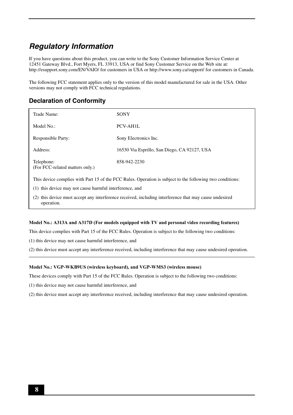 Regulatory information, Declaration of conformity | Sony VGC-LV250J User Manual | Page 8 / 16