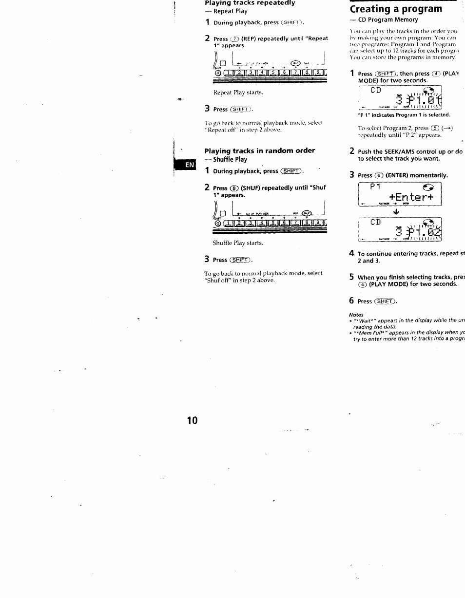 Playing tracks repeatedly, Playing tracks in random order, Shuffle play | Creating a program, Llbi, Enter, 10 creating a program | Sony CDX-C880 User Manual | Page 10 / 38