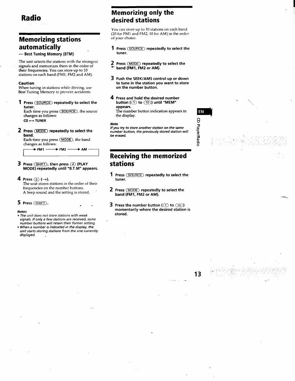 Radio, Memorizing stations automatically, Best tuning memory (btm) | Receiving the memorized stations | Sony CDX-C880 User Manual | Page 13 / 38