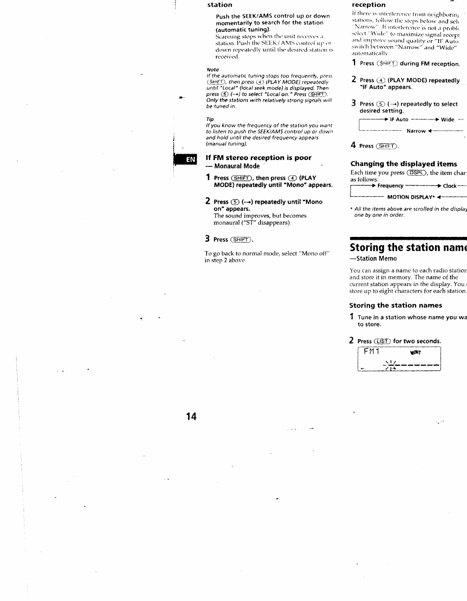 If fm stereo reception is poor, Monaural mode, Press (33 (—►) repeatedly until "mono on" appears | Changing the displayed items, Storing the station name, Station memo, Storing the station names | Sony CDX-C880 User Manual | Page 14 / 38