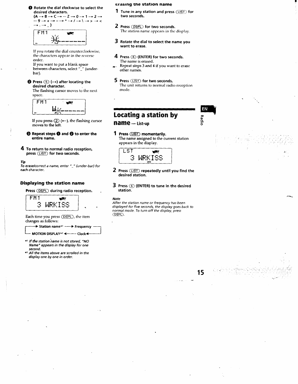 Displaying the station name, Fm1 «ttr, 3 wrkiss | Locating a station by name-list-up, 3 wrkiss bam, Locating a station by name | Sony CDX-C880 User Manual | Page 15 / 38