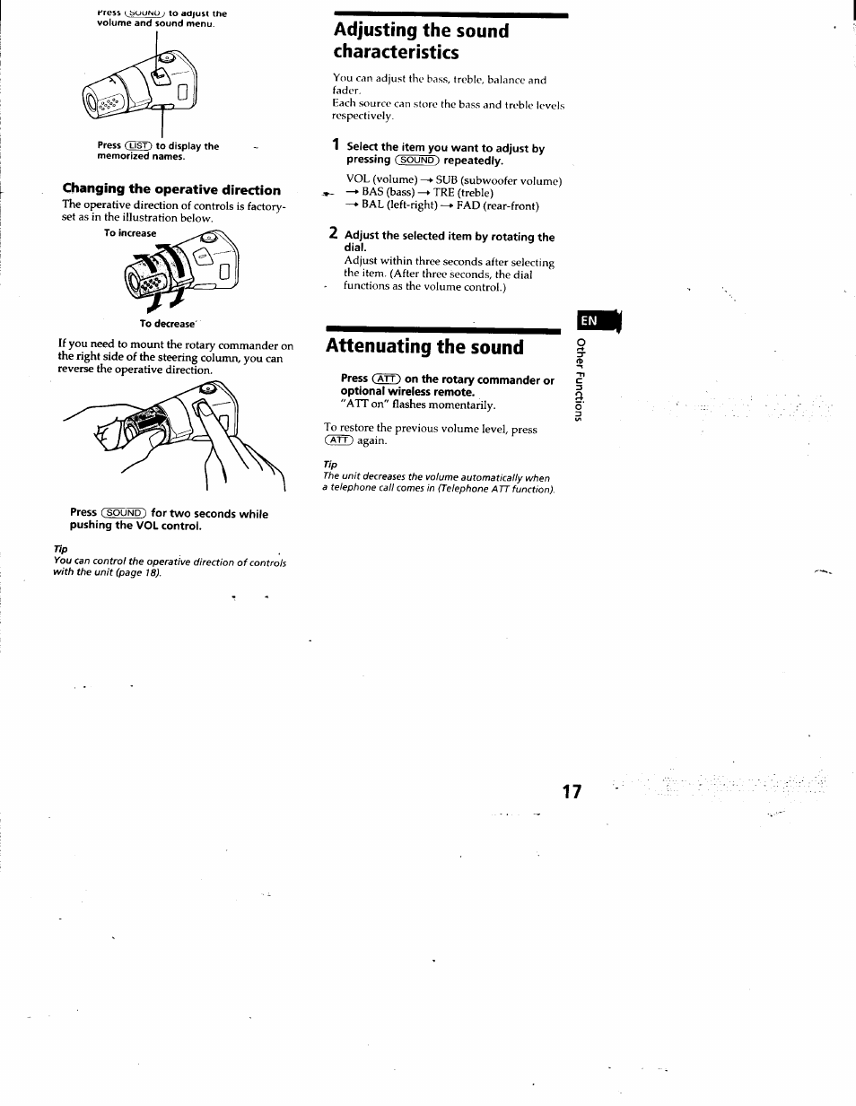 Changing the operative direction, Adjusting the sound characteristics, 2 adjust the selected item by rotating the dial | Attenuating the sound, Isbi | Sony CDX-C880 User Manual | Page 17 / 38