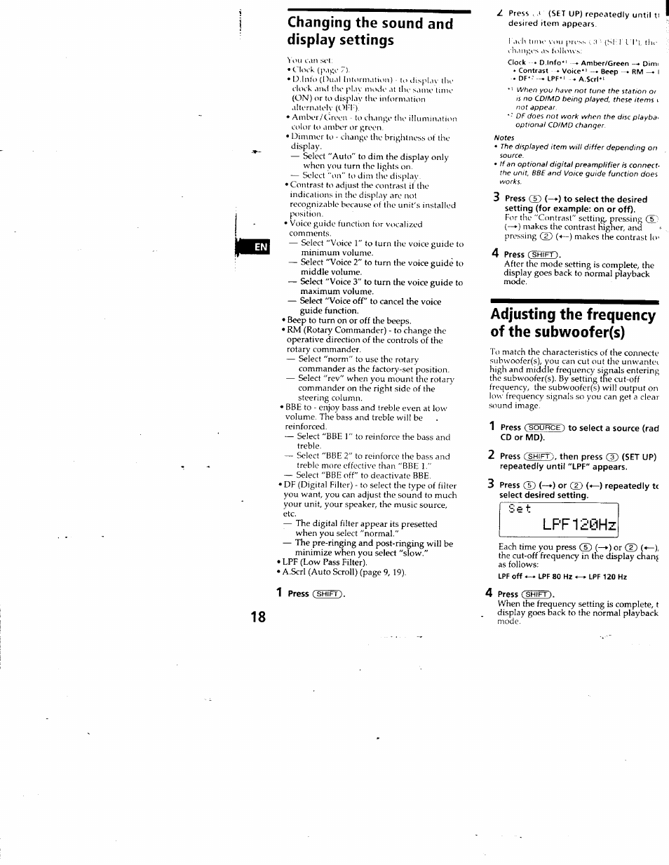 Changing the sound and display settings, Adjusting the frequency of the subwoofer(s), 1 press (source) to select a source (rad cd or md) | D (—►), Shift), Cd (—*) ot cd | Sony CDX-C880 User Manual | Page 18 / 38