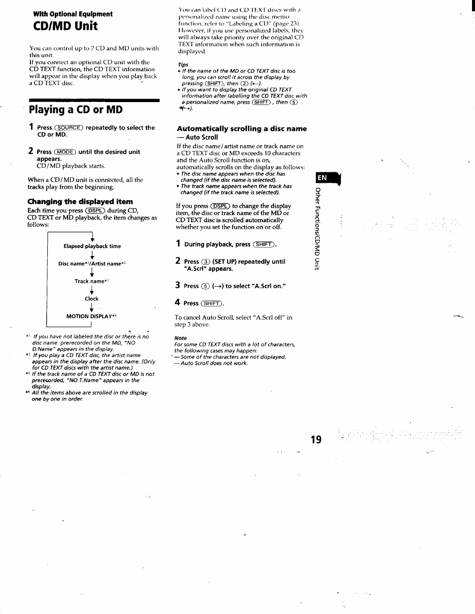With optional equipment, Cd/md unit, Playing a cd or md | Changing the displayed item, Automatically scrolling a disc name, Auto scroll, I . 4 | Sony CDX-C880 User Manual | Page 19 / 38