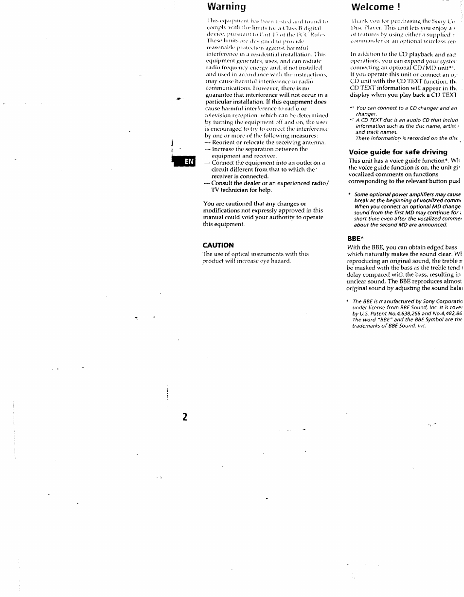 Voice guide for safe driving, Warning welcome | Sony CDX-C880 User Manual | Page 2 / 38
