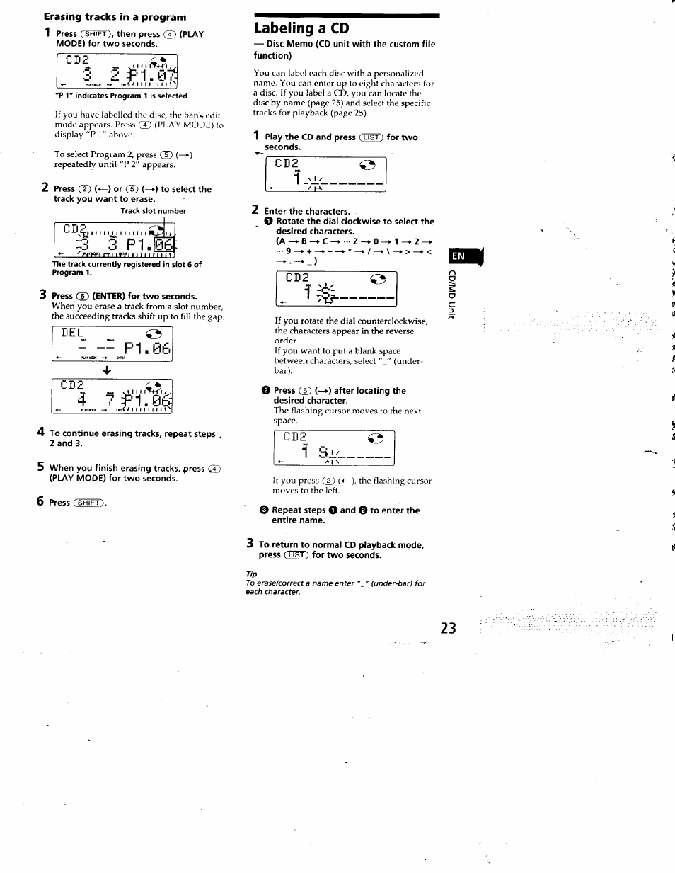 Erasing tracks in a program, 2 f 1.0i, P1.06 | Labeling a cd, Disc memo (cd unit with the custom file function), Cd 2, F 1.0i, 3 pl.ig, 7 f'1.0t | Sony CDX-C880 User Manual | Page 23 / 38